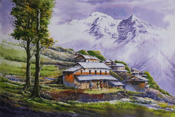 Mount Annapurna South and Himchuli with Village