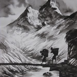 Mount Amadablam with porters, Everest Range, Nepal