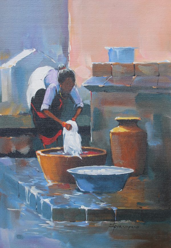 Women washing clothes at well