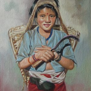 A young Nepali girl with Doko and Hasiya for grass cutting