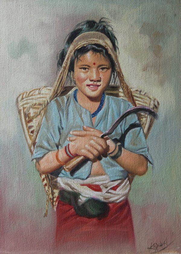 A young Nepali girl with Doko and Hasiya for grass cutting