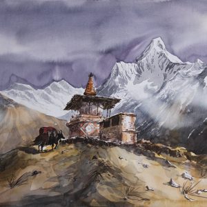 Mount Ama Dablam with Chorten and Yak